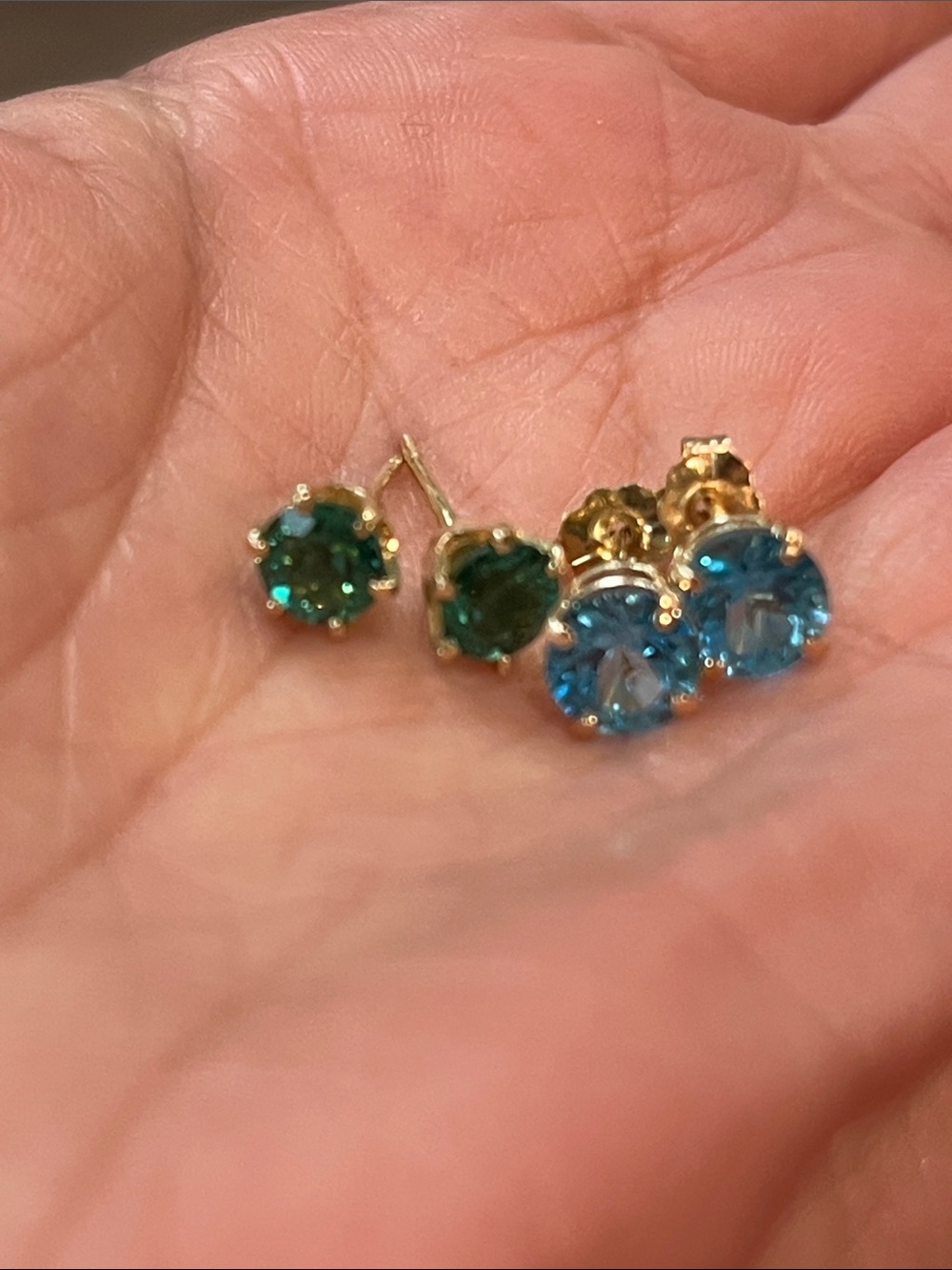 Vintage 14k yellow Gold Blue Topaz stud Earrings bonus emerald green studs